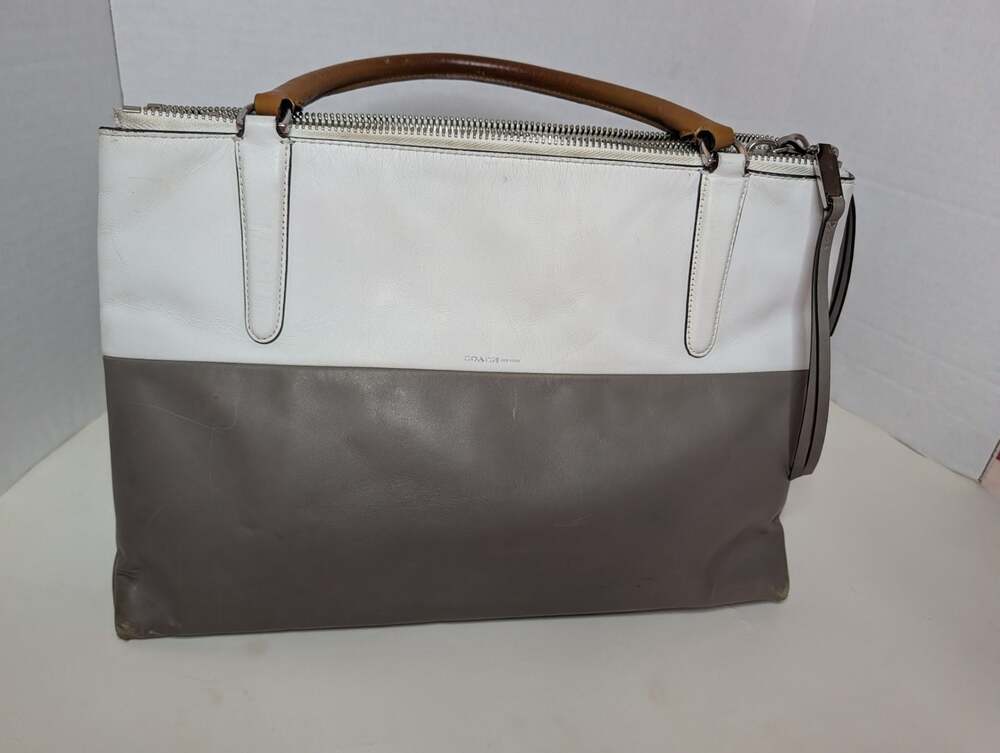 Coach New York Colorblock Leather Borough Bag White Gray Tan